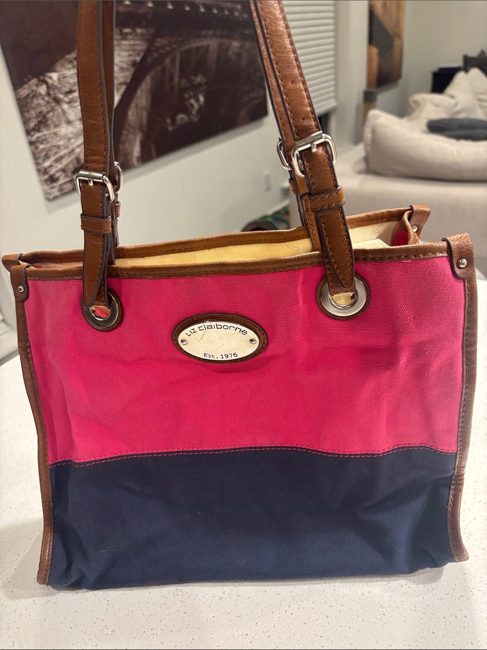 Liz Claiborne Hot Pink and Navy Canvas Tote with Brown Trim
